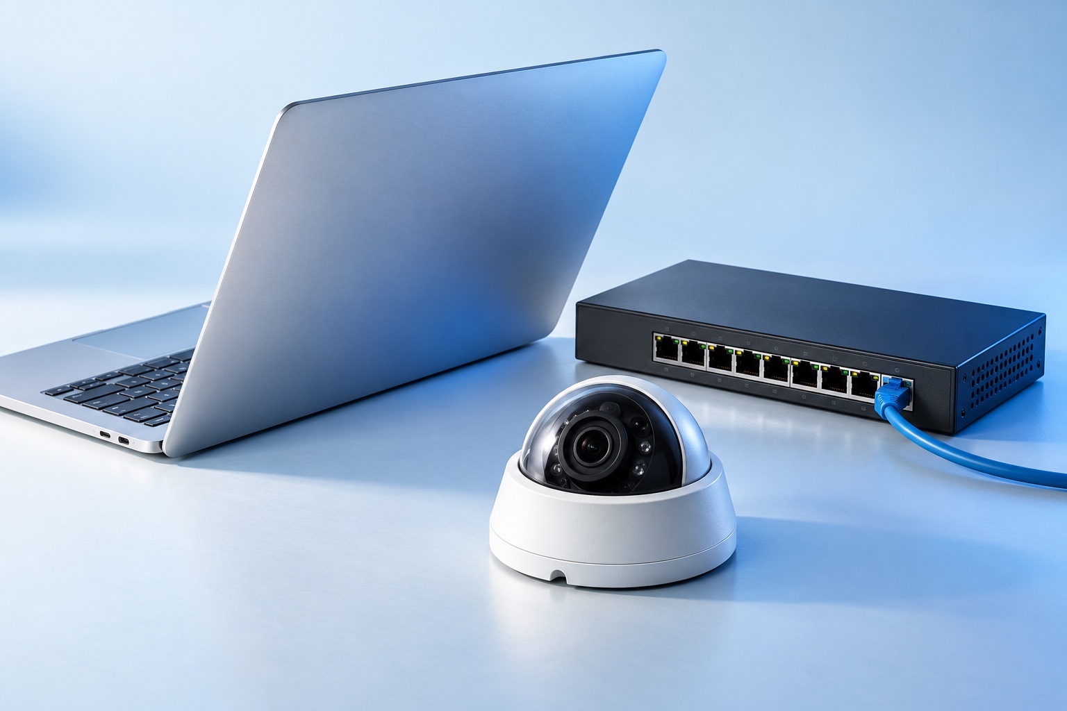 Illustrative studio arrangement of a laptop, network switch and security camera